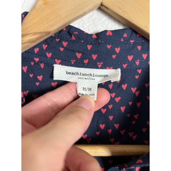 Beach Lunch Lounge Blue Red Heart Print Long Sleeve Viscose Button Up Top Size M - Picture 5 of 5